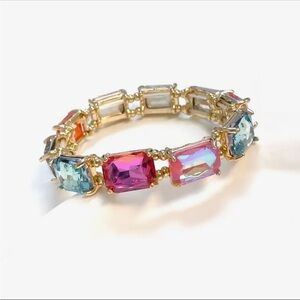 18K Gold Plated Emerald Cut Multi Color Crystal Glass Beaded Stretch Bracelet